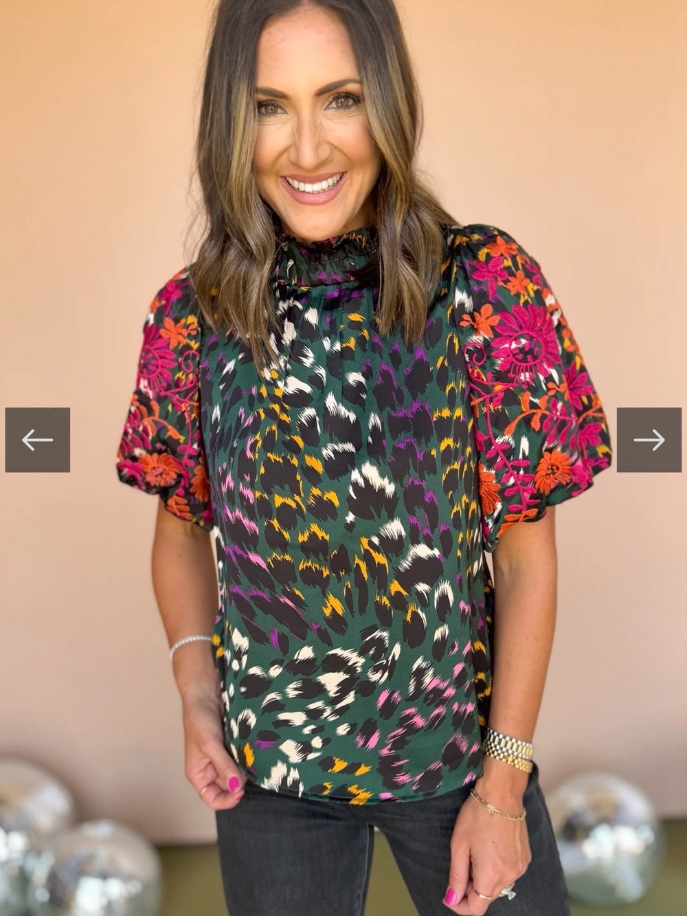 THML Hunter Green Print Mock Frill Neck Embroidered Sleeve Top - Picture 9 of 12